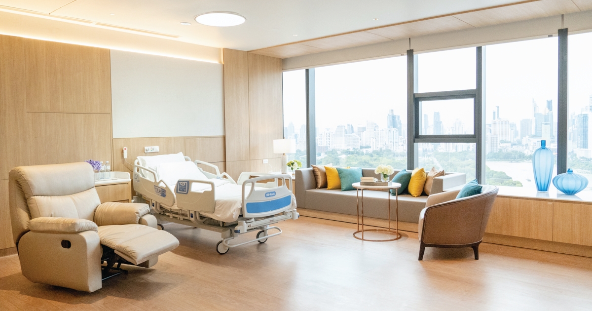 Modern inpatient room at MedPark Hospital with ergonomic medical bed and smart controls.